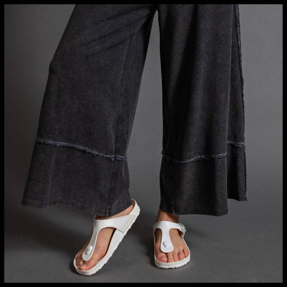 EASEL "Criss Cross" Cotton Mineral Washed Flared Wide Cropped Leg Palazzo Pants - Picture 6 of 11